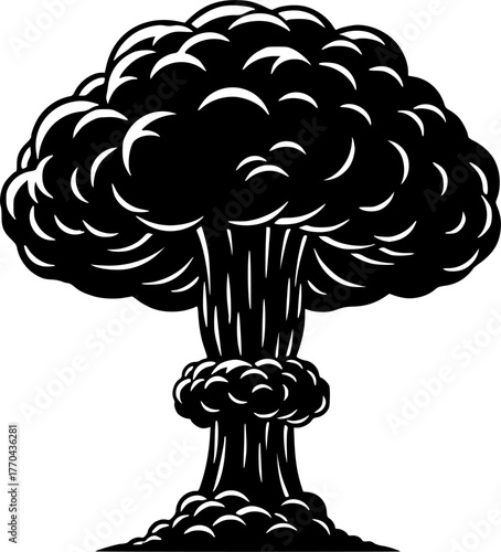 Mushroom Cloud Silhouette – Black Vector Illustration, Atomic Explosion, Nuclear Blast, Smoke Plume, War, Destruction, Energy, Danger, Clipart, Editable Vector Design.