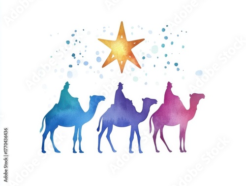 Minimalist watercolor scene of the Three Kings under the Star of Bethlehem on a clean white background.