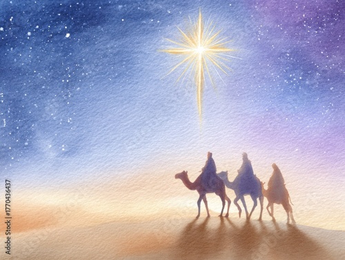 Peaceful Epiphany illustration featuring Magi silhouettes and glowing star for religious holiday art.
