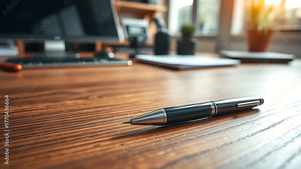Fototapeta premium A single pen lying on a wooden desk with blurred background, professional workspace vibe.