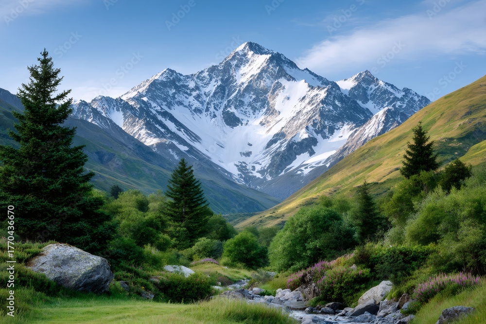 Fototapeta premium Alpine valley with snow-capped mountain and flowing stream