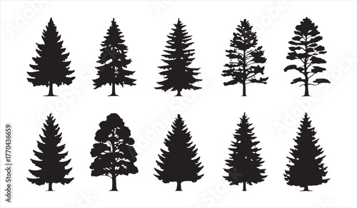 Minimalist tree vector pack for nature, ecology, and landscape design projects in flat black style