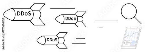 Missiles labeled DDoS rushing toward a magnifying glass and analysis chart. Ideal for cybersecurity, network protection, data analysis, online threats, IT security, digital defense, simple flat