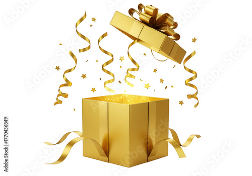 Open golden gift box with confetti and streamers isolated on transparent background