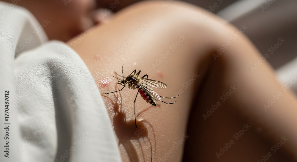 Obraz premium Mosquito on child's leg under sheet, insect bite allergy and prevention