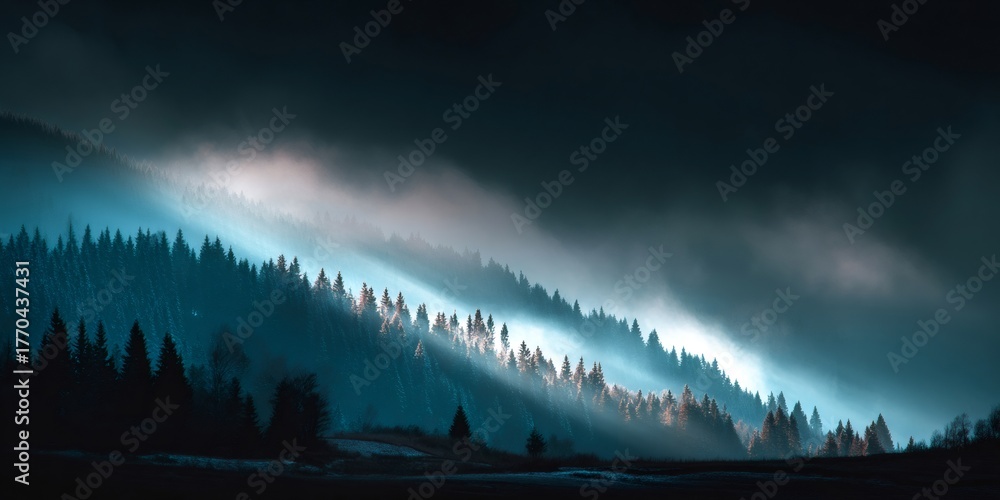Obraz premium Forest mountains with fog and sun rays creating a mystical atmosphere over a dark landscape