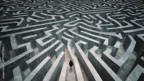 Mysterious woman from behind walking down the stairs and entering a vast, surreal concrete maze, symbolizing life's journey, challenges, and the search for a solution or a path forward