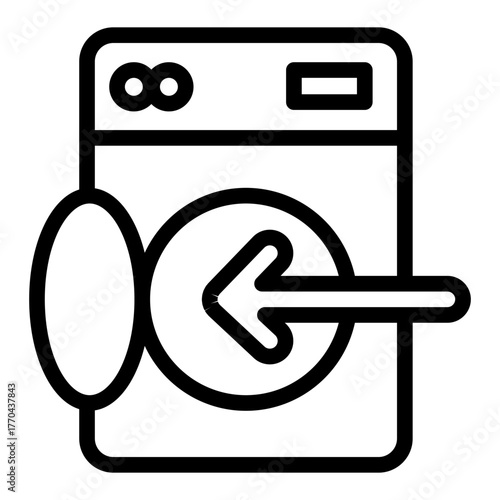 Washing machine with opened lid and arrow line icon, washing concept. Vector graphics. Machine for washing, loading sign on white background, style icon mobile or web design.