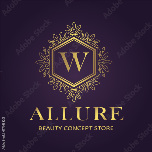 Elegant golden w logo for allure beauty concept store, symbolizing luxury and sophistication on a deep purple background