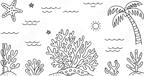 Beach scene with palm tree, starfish, coral, and sun