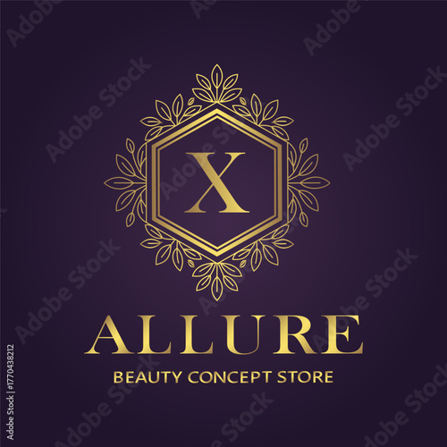 Sophisticated golden x logo for allure beauty concept store, representing exclusivity and highend appeal on a rich purple backdrop