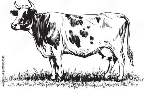 Black and white drawing of a cow