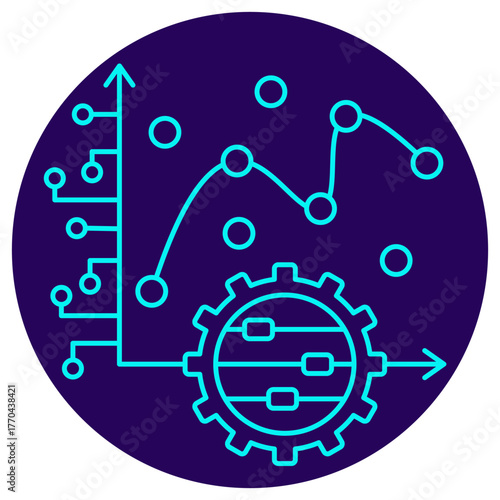 Hyperparameter Tuning icon. Vector thin line illustration on a round dark blue background. Data graph feeds an AI processing gear with adjustable parameters to optimize model performance