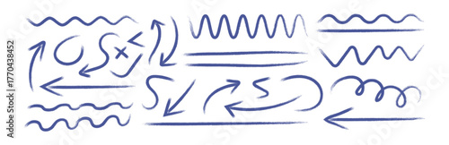 Set of hand drawn blue doodle lines underlines scribbles elements. Hand drawn crayon various arrows, curved, wavy and straight lines. Direction pointers for notes, doodle and school design.