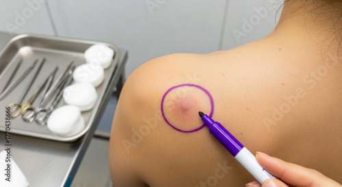 Person with birthmark back view marked for biopsy in medical room, dermatology examination