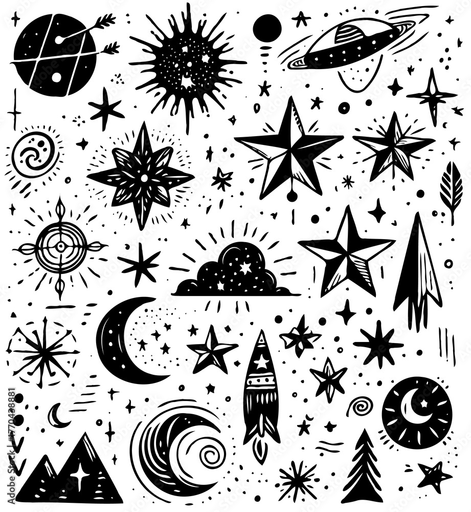 Fototapeta premium Black And White Seamless Space Elements, Star, Starry Sky Pattern Sketch Style Isolated. Set Of Hand Drawn Doodle Stars, Sun, Moon, Planets And Stars Illustration In Vintage Engraving Style.