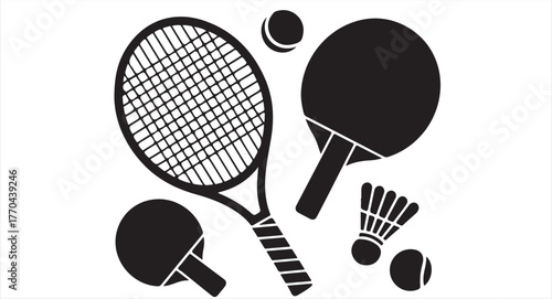 Flat vector sports icons featuring rackets, shuttlecock, and balls isolated on white background