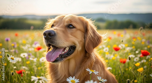 Playful golden retriever smiling in flower field, joyful canine expression, natural light, spring atmosphere