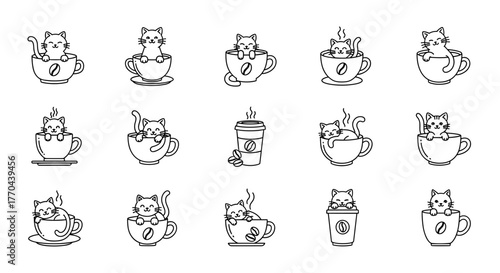 Collection of charming white line art illustrations featuring adorable cats peeking out of coffee cups and to-go cups, perfect for cafe branding, pet lovers, and cozy beverage themes. Each design