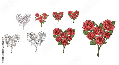 A collection of heart-shaped rose bouquets, showcasing a progression from delicate line art sketches to vibrant, fully colored illustrations, symbolizing love and romance in various artistic styles