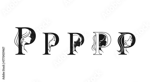 Elegant Monochromatic 'P' Monogram Featuring Stylized Female Silhouettes with Flowing Hair, Representing Femininity, Beauty, and Sophistication, Ideal for Branding and Design Projects.