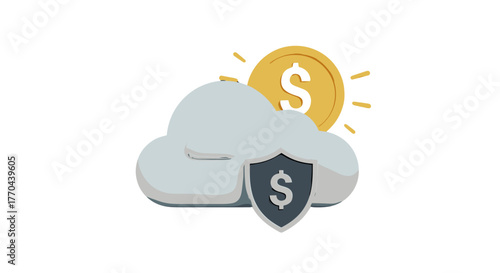 3D cartoon illustration of a cloud with a shield and a dollar coin, symbolizing cloud security, financial protection, and safe online transactions, rendered in a minimalistic style with vibrant