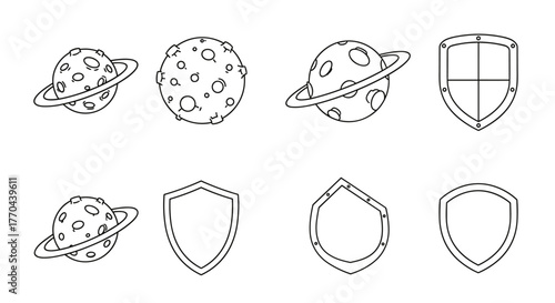 Collection of stylized outline icons featuring planets with rings and craters, alongside various shield shapes, perfect for graphic design, web development, app interfaces, advertising materials, and