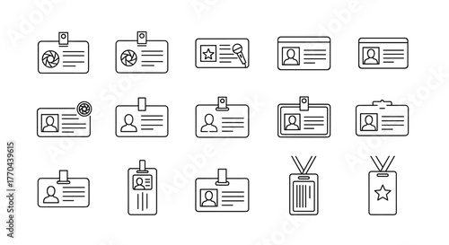 Set of outline icons representing press cards, ID badges, and access passes in a linear style, suitable for mobile and web design. Includes various designs with person icons, camera lenses