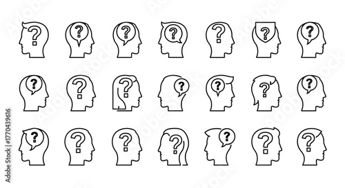Collection of diverse head silhouettes with question marks inside, symbolizing confusion, inquiry, and thought processes, ideal for educational materials, problem-solving concepts, and creative