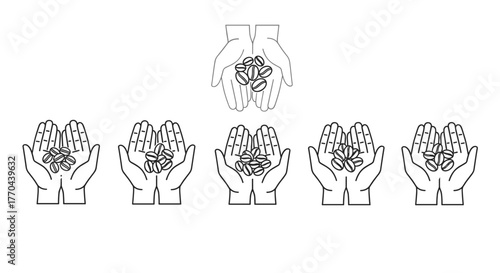 Minimalistic thin outline icon of roasted coffee beans held in open hands, symbolizing the coffee industry, agriculture, and the beverage sector. This versatile vector graphic is perfect for web