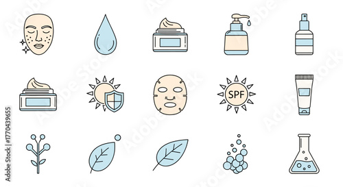 Set of outline icons representing skincare products and concepts, including a face with blemishes, a water drop, creams, sun protection, a face mask, natural ingredients, and laboratory equipment