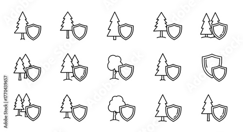 A stylized vector illustration features a vibrant green tree or forest silhouette set against a clean white background, enclosed within a bold shield outline. This graphic design element is perfect