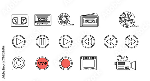 Retro video tape and film reel icons, play, pause, stop, rewind, fast forward, record, and camera symbols. A collection of vintage media playback and recording line art symbols, perfect for graphic
