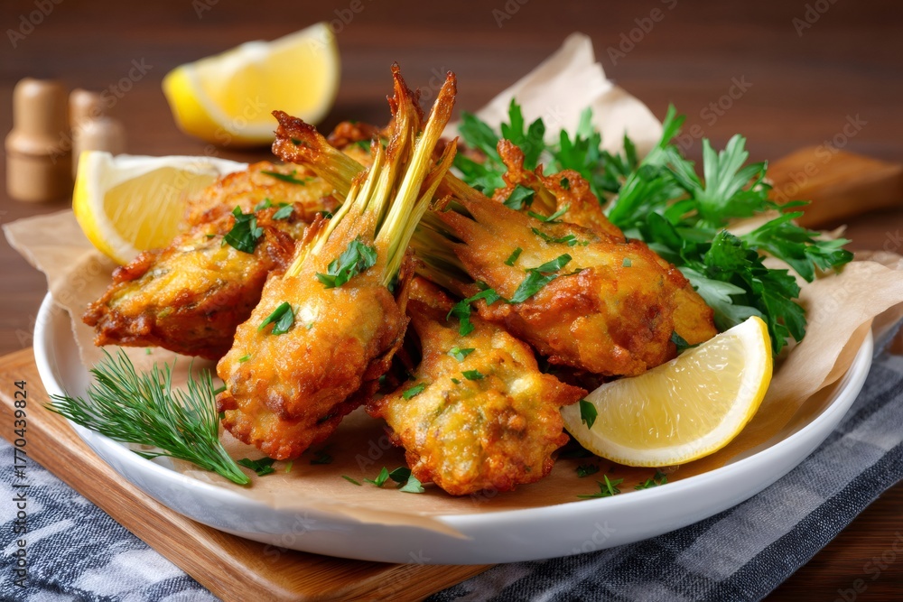 Fototapeta premium Fried zucchini flowers with lemon and parsley