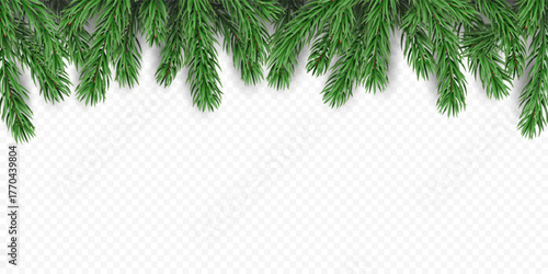 Vector frame with pine tree branches and shadows, isolated on a transparent background. Holiday border fir tree branch for winter banner, poster, greeting card.