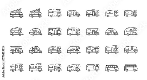 Collection of Minimal Camper and RV Vector Icons for Outdoor and Travel Graphic Design Projects with Line Art Style Set, Ordered Line Icon Set on White Background, Perfect for Adventure, Road Trip