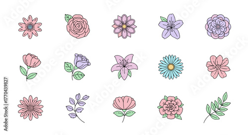 Set of 15 delicate and charming feminine floral illustrations in pastel colors, featuring a variety of flowers like roses, lilies, and daisies, along with a leafy branch, presented as clean vector