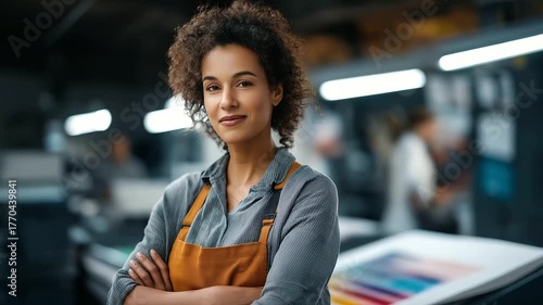 A self confident female printing house worker stands with arms crossed holding color palettes her apron stained with ink machines and posters in the background fluorescent