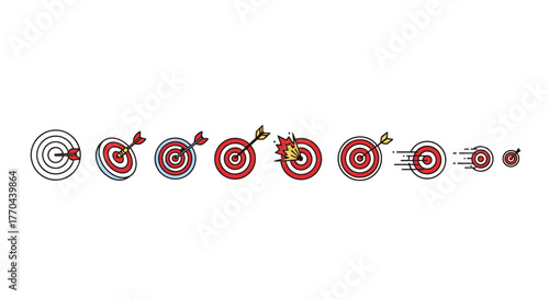 Collection of bullseye target icons with arrows, illustrating different stages of aiming and hitting the mark, from initial shot to bullseye success and even a shattered target, presented in a clean