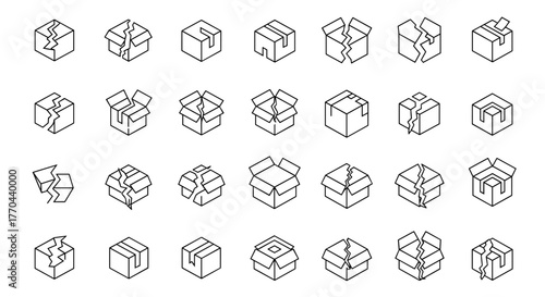 Collection of broken box line icons, representing damaged packaging and shipping issues. This set includes various states of opened, closed, and cracked cardboard boxes, perfect for graphic design