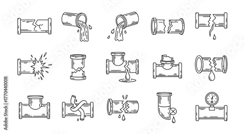 Collection of outline icons representing various broken pipe fittings and plumbing connections, suitable for graphic design, web, and print projects, presented as a vector cartoon illustration on a