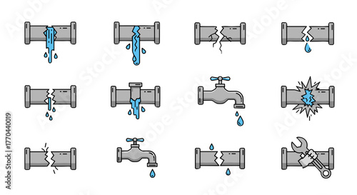 Collection of flat design icons representing broken pipes and leaking faucets, symbolizing plumbing issues, water damage, and repair needs. This vector graphic set is ideal for websites, apps, and