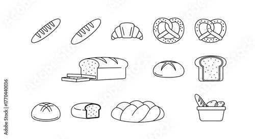 Bundle of minimalistic line icons representing various types of bread, including baguettes, croissants, pretzels, loaves, and sliced bread, perfect for web and graphic design, apps, banners, social