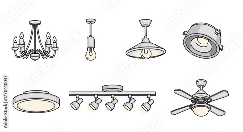 Collection of six diverse ceiling light fixtures, including a classic chandelier, a modern pendant light with exposed bulb, a retro-style industrial pendant, a recessed spotlight, a flush mount