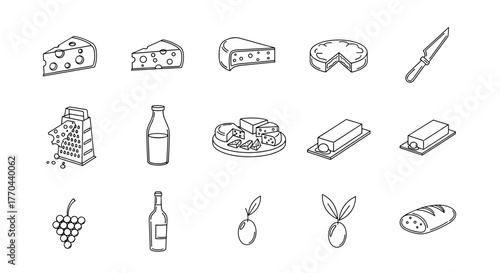 Minimalistic outline icons of food and drink items, including various cheeses, a grater, bottles, olives, grapes, bread, and a knife, presented on a black background, perfect for web and graphic