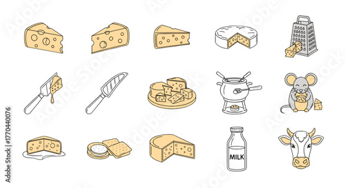 A delightful collection of cheese-themed vector illustrations, featuring various cheese types, a fondue set, a grater, cheese knives, crackers, milk, and a cute mouse enjoying cheese, perfect for
