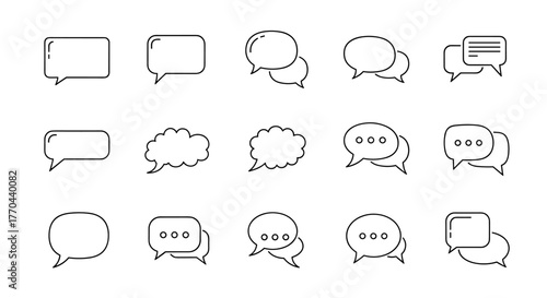 Collection of minimalistic linear icons of speech bubbles, featuring a variety of shapes and styles including rounded rectangles, clouds, and standard chat bubbles with dots, perfect for web design