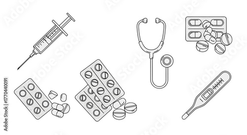 Collection of Medical Icons: A minimalist white outline illustration featuring a syringe, stethoscope, blister packs of pills, loose tablets, and a thermometer against a black background, perfect for