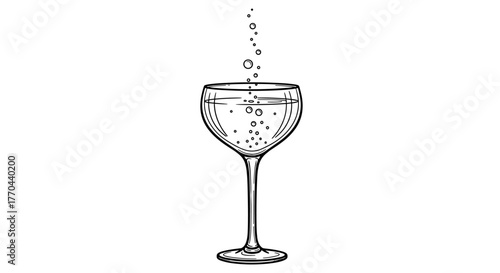 Elegant black and white champagne glass line art illustration with rising bubbles, evoking a retro, hand-drawn aesthetic. This vector graphic captures the effervescence and sophistication of a