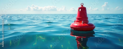 Vibrant red buoy bobbing gently on a calm ocean surface, sunlight reflecting off its polished surface  A tranquil scene of nature's beauty and nautical markers , buoy, environment, nautical